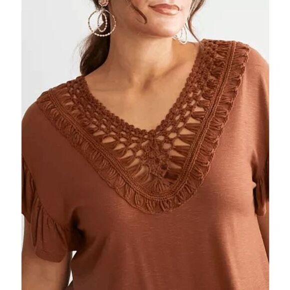 BKE Daytrip Sequoia Brown Crochet Flutter Sleeve Top Large - Picture 9 of 9